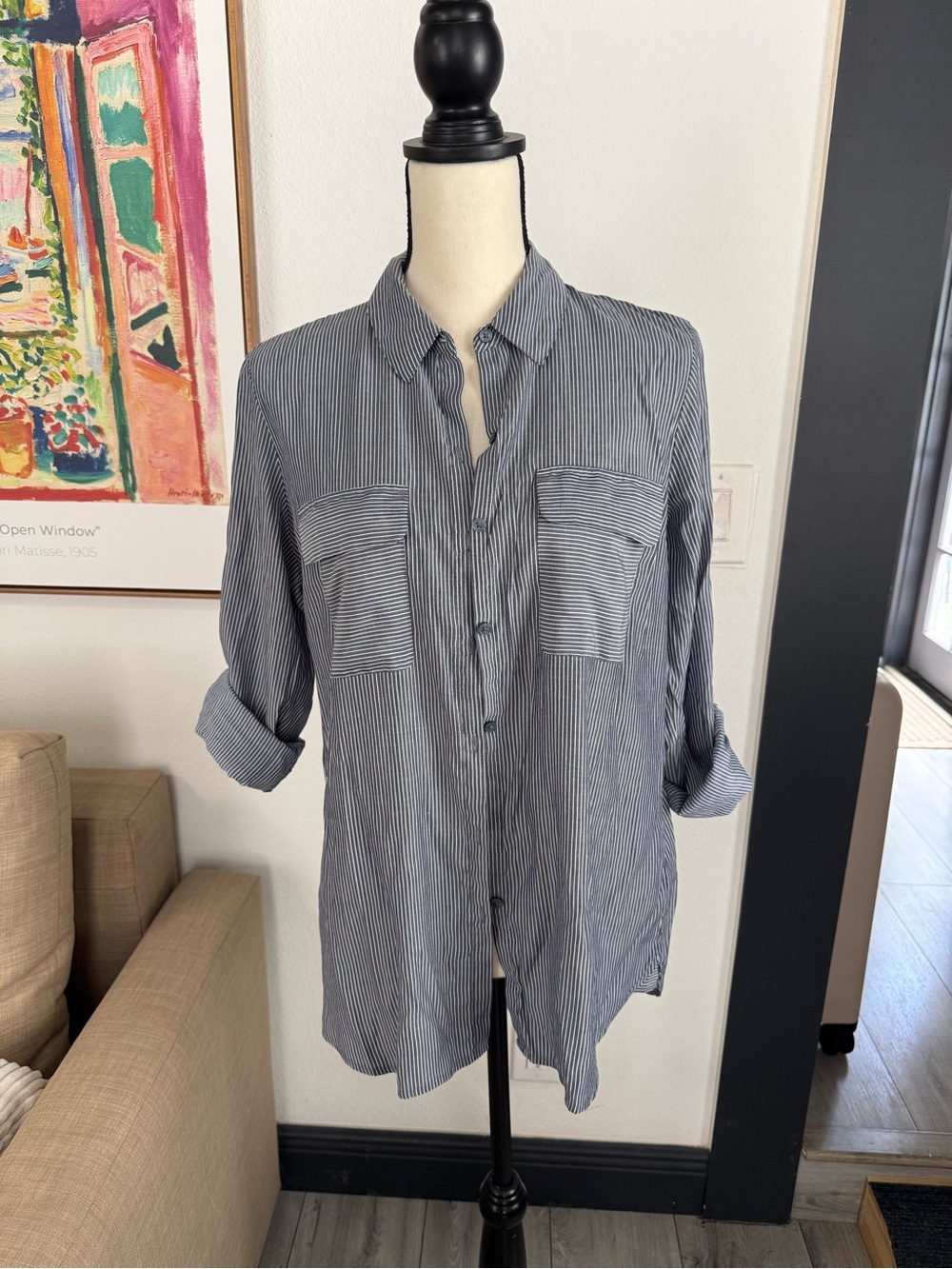 Express Gray Striped Button Down Shirt Medium Roll Sleeve Hi Low Top